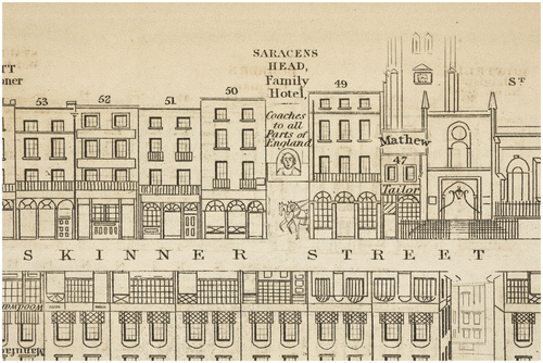 Figure 12. Saracen’s Head as Hotel with a Coach Turning out of the Entrance. Tallis’s London Street Views, number 43. Courtesy, The Lilly Library, Indiana University, Bloomington, Indiana.