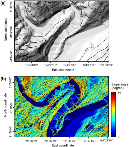 Figure 9. Ten meter resolution DSM data of the study area for excluding plains and rivers. Data was provided by Chinese Geological Survey in 2001. (a) hillshade and contour map; (b) slope gradient map generated from DSM data, using TopoToolbox (Schwanghart and Scherler Citation2014).