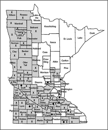 Fig. 1 Location (counties) in Minnesota where soybean stems were collected and tested for the presence of Diaporthe spp. (shaded). Symbols indicate where Diaporthe caulivora (●), D. longicolla (X), and D. cucurbitae (▲) were detected. Includes plants with symptoms of pod and stem blight, stem canker, and top dieback, as well as asymptomatic plants.