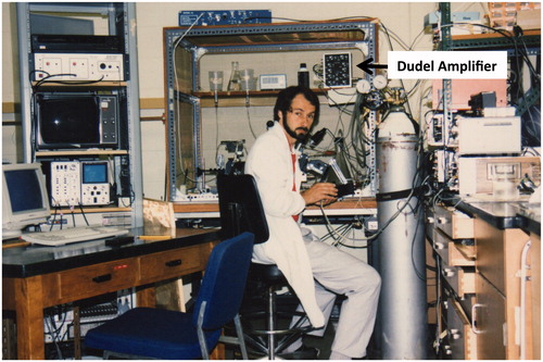 Figure 3. ‘Dudel amplifier’ is shown in the author’s rig. The amplifier was introduced to us by Itzchak Parnas and used in collaborative experiments addressing mechanisms of quantal transmitter release.