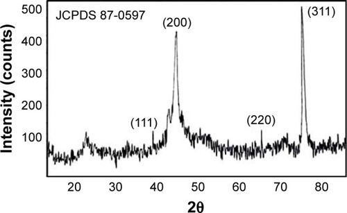 Figure 4 XRD pattern of biosynthesized AgNPs.Abbreviations: AgNPs, silver nanoparticles; XRD, X-ray diffraction.