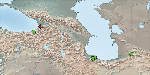 Figure 14. Map of Centroptilum volodymyri sp. nov. distribution. Red star – type locality; green pentagrams - non-type localities.