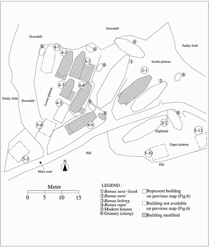 Figure 7. Redraw sitemap of the Orobua settlement in 2006 (Based on Culture Heritage Agency in 2006 and interview of Ambe’ Langi (local resident))