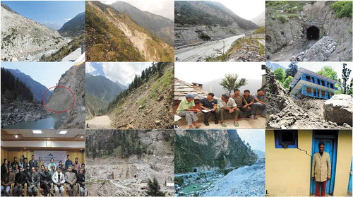 Figure 7. (a) Lose unconsolidated soil texture near to Akpa village, (b) large landslide in Bara Khamba, (c) muck dumping at the river Satluj side of Karcham Wangtoo HEP, (d) drilling the hill at 100 mw Tidong Hydro., (e) Urni landslide, (f) large landslide at Rekong Peo, (g) questionnaire survey at village Kwangi, (h) houses affected by the landslide at village Nigulseri, (i) strategic environmental assessment meeting at deputy commissioner office Rekong Peo, Kinnaur, on November 2014, (j) construction site of Tidong project, (k) dumping of muck along the river Sainj by Parbati HEP, (l) house cracks in Yulla village because of the tunnel construction of Karcham Wangtoo HEP.