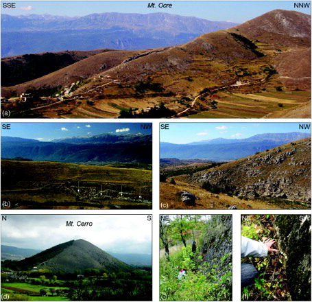 Figure 4. Morphotectonic features: (a) fault escarpment and tectono-karst basin in the Santo Stefano di Sessanio area (in the background fault escarpment at the front of Mt. Ocre); (b) detail of a fault scarplet at the base of a fault escarpment in the Santo Stefano di Sessanio area; (c) dip slope on Upper Pliocene–Lower Pleistocene breccias in the Barisciano area; (d) fault escarpment on the northern slope of Mt. Cerro (lateral view from the village of Fossa); (e) Mt. Bazzano fault scarp; (f) evidences of reactivation after the 6 April 2009 Mw. 6.3 L'Aquila earthquake on the Mt. Bazzano fault scarp.