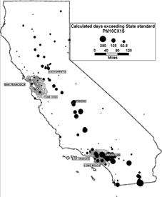 Figure 4 Total particulate matter (PM-10) exceedances for California monitoring sites in 1999.