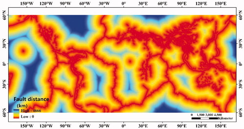 Figure 4. Thematic map of the faults distance factor.