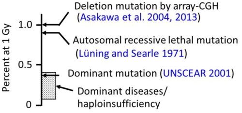 Figure 6. Estimated frequency of dominant diseases/haploinsufficiency disorders in offspring derived from 1 Gy-exposed spermatogonia but without considering possible decreased viability. The frequencies of other genetic changes are also shown for comparisons. Dominant mutations include bone malformations, cataracts, and congenital malformations.