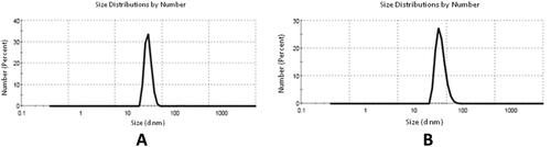 Figure 7. (A) Particle size from DLS of SeNPs and (B) particle size of SeNPs loaded onto (5b and 7d).