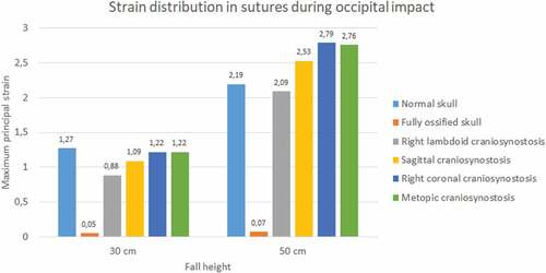 Figure 15. The maximum principal strain in sutures during occipital impact from 30 and 50 cm falls with different degrees of ossification in the sutures