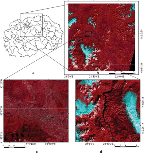 Figure 1. (a) Republic of Macedonia, (b) Sentinel frame, (c) urban region; (d) mountainous region composed with SWIR, blue and green bands.