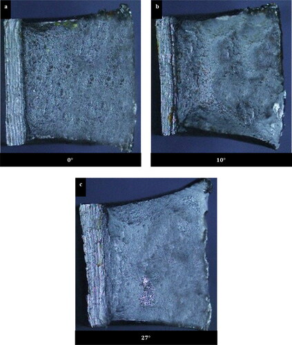 Figure 5. Condition of broken surface specimens of impact without welded at a temperature of: (a) 0 °C, (b) 10 °C and (c) 27 °C.
