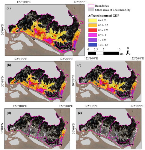 Figure 11. Potentially affected summed GDP distributions in scenarios corresponding to Figure 5: (a) 915 hPa, (b) 925 hPa, (c) 935 hPa, (d) 945 hPa, and (e) 955 hPa (unit: million CNY/900 m2).