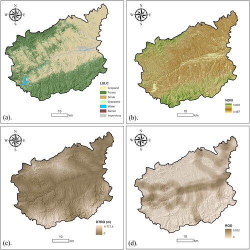 Figure 7. Land use and human activity parameters. (a) LULC; (b) NDVI; (c) DTRO; (d) ROD.