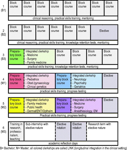 Figure 1. Graphic overview of the clinical curriculum of CRU+. B: bachelor; M: master; all colored clerkships are called LINK (longitudinal integration in the clinical setting).
