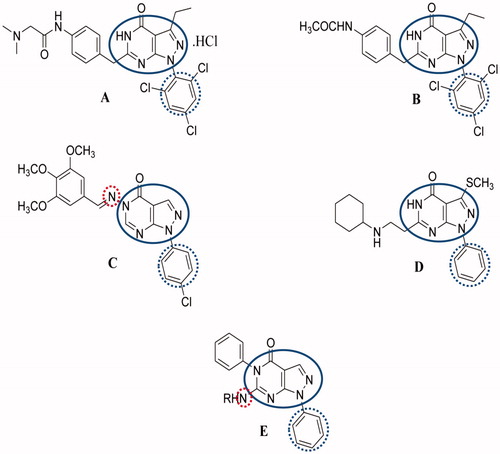 Figure 1. Chemical structure of previously reported pyrazolo[3,4-d]pyrimidines endowed with anti-cancer and apoptosis inducing activities (A–D) and the synthesized compounds (E).