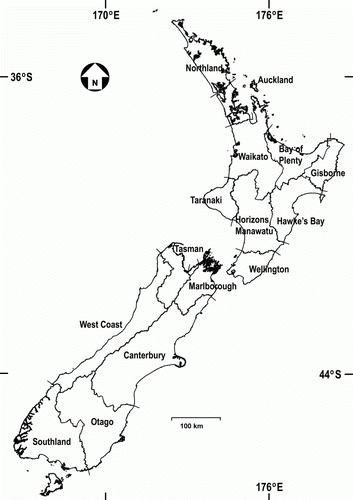 Figure 1  Location map showing regional council boundaries within New Zealand. The West Coast region was not included in this survey.