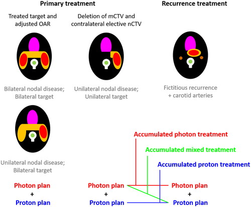 Figure 1. Description of the strategy used for comparing photon RT to proton RT for HNCUP patients. The gross tumour volume (GTV) is shown in red and the elective target in orange. Selected OAR are the extended oral cavity (pink), the spinal cord (green) and the carotid arteries (brown). for bilateral disease, the treated targets were used, but OAR were adjusted to current guidelines. For cases with only unilateral nodal disease, the targets were adjusted by deleting mCTV and the contralateral nCTV and subsequently a fictitious, but probable, recurring primary were delineating and the carotid arteries were added as an OAR.