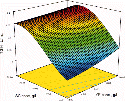 Figure 4. Prediction of the model for transglutaminase activity (U/mL) obtained in the fermentation at 96 h (TG96) on sodium caseinate (SC) and yeast extract (YE), both in g/L. Figura 4. Predicción del modelo para actividad transglutaminásica (U/mL) obtenidas en la fermentación a 96 h (TG96) en función del caseinato de sodio (SC) y extract de levadura (YE), ambas en g/L.