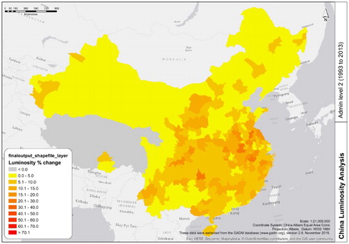 Figure 10. Workflow #1: Variation in average nocturnal luminosity over China from 1993 to 2013. Courtesy of Andy Bartle (Birkbeck, University of London).