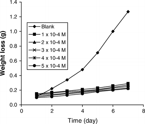 Figure 1.  Variation of weight loss with time for the corrosion of zinc in 0.01 M tetraoxosulphate (VI) acid containing various concentration of albomycin at 303 K.