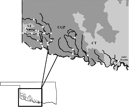 Figure 1. Sites sampled by both historical (1989) and contemporary (2016) fish community surveys located in the upper Red River basin of Oklahoma. Level III ecoregions within the drainage include Southwest Tablelands (ST), Central Great Plains (CGP), and Cross Timbers (CT).