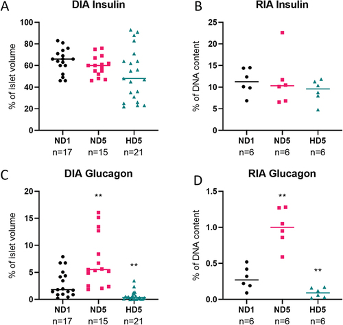 Figure 4. Comparison of the quantification of rat islets’ insulin content with two different techniques. (a and c) percentage of volume occupied by insulin or glucagon inside the islet, determined by Digital Image Analysis. (b and d) weight of these proteins measured by radioimmunoassay, expressed as a percentage of DNA content.