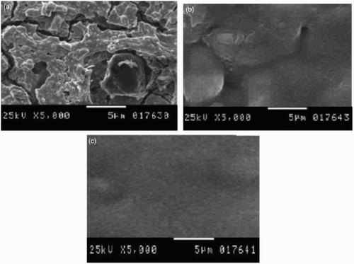 Figure 5. Surface morphologies of the steel at 298 K after electropolishing in (a) 8 mol L−1H3PO4, (b) 0.05 g L−1 of Lawsonia inermis extract, (c) 0.2 g L−1 of Lawsonia inermis extract.