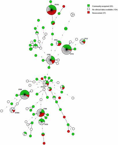 Figure 3. MST of STs using the Achtman seven-gene MLST scheme for 234 E. coli blood isolates. The analysis was carried out in Bionumerics. The tree is coloured based on the infection type of the isolates (green: community-acquired, red: healthcare-acquired). Thirty-five nodes are colored red and 93 nodes are colored green. Branch length and width (dotted versus non-dotted) are directly proportional to the allelic difference (ranging from one for the shortest branches to seven for the longest branches).