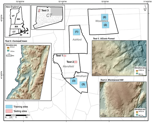 Figure 2. Study sites of this study with five training sites (including validation sites) and three test sites in Connecticut, USA. Training sites consist of (1) dense forested landscape in Ashford and (2) moderate to dense forested landscape and farmland in Woodstock, and (3) developed urban and suburban areas in Windham. Note that validation data is derived from training sites (See details about validation data in section 3.1.2). Test sites are (1) UConn forest (UF), (2) Wormwood Hill (WH) in Mansfield town, and (3) Cornwall town.