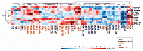 Figure 3 Expression profile summarized in a heat map. Effect of treatments with 5-Aza-dC and with 5-Aza-dC combined with TSA leading to the increase in the expression levels of the tumor suppressor cluster, except in the cell lines that were unmethylated at CpG island 1 of RASSF1A promoter (MDA-MB-415) or showing low levels of methylation (Hs 578T and BT-20).