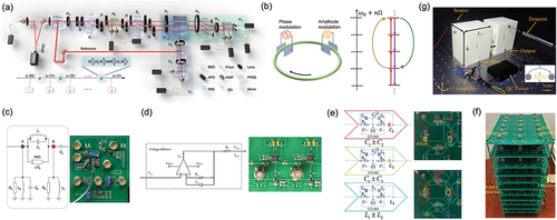 Figure 9. Experimental set-ups for NHSE demonstrations in various physical platforms, including (a) quantum-walks, (b) photonic synthetic dimensions, (c-f) 1D, 2D and 3D electric circuits, as well as (g) acoustic cavities equipped with electrical amplifiers. These figures are reproduced with permissions from Refs. [Citation115,Citation124,Citation129,Citation130,Citation133,Citation135].