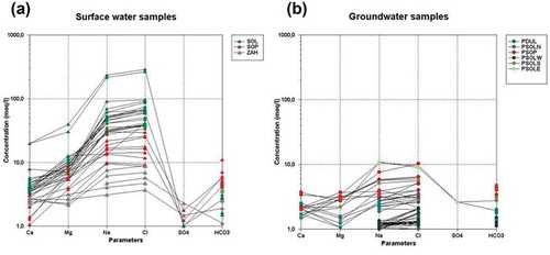 Figure 6. Schöeller diagrams of (a) surface water samples and (b) groundwater samples.