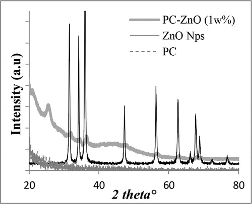 Figure 2. XRD spectra of as-synthesized zinc oxide (ZnO) nanoparticles and its comparison with ZnO– polycarbonate (PC) nanocomposite film and PC film
