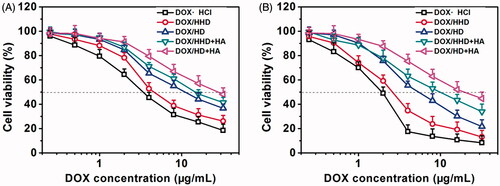 Figure 5. Cytotoxicity of DOX in different formulations against 4T1 cells (A. 24 h, B. 48 h, n = 5).