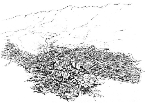 Figure 12. The sketch shows the urban structure of the new town of Kan in West Tehran.Source: Abdolaziz Farmanfarmaian and Associates, “The New City of Kan.”
