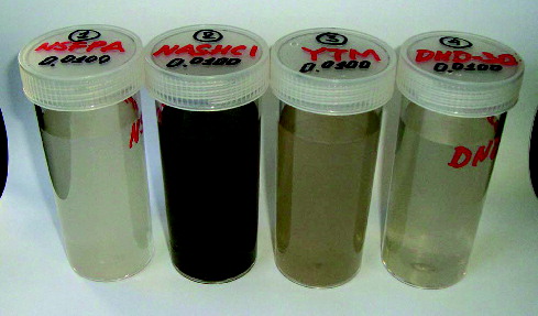 Figure 1. Water suspensions of the studied detonation nanodiamonds with concentration 0.1 mg/ml.