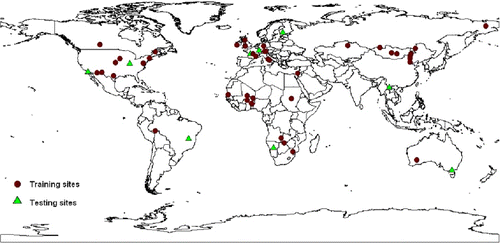 Figure 3. Distribution of sites used for developing and testing the algorithm for vegetated areas.