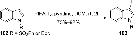 Figure 37 PIFA/I2-mediated iodination of indole derivatives to 3-iodoindoles 103.