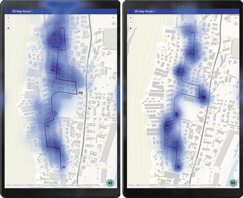 Figure 4. Landmark visualization style a) 2D, b) 3D influenced participants’ distribution of visual attention on the mobile map display.