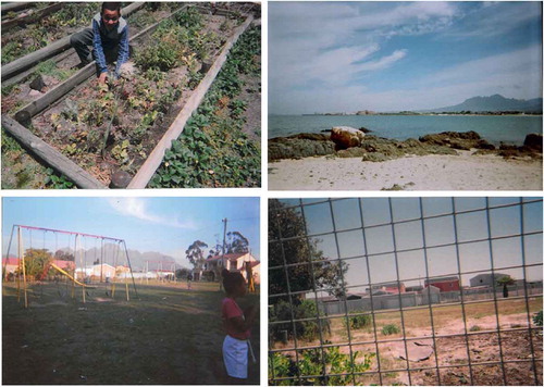 Figure 2. Pictures depicting the safe natural spaces in children’s communities, such as school gardens (top left, Mitchell’s Plain), the nearby beach (top right, Gordon’s Bay), the park (bottom left, Mitchell’s Plain), and their school grounds (bottom right, Stellenbosch).