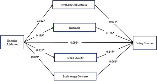 Figure 1 Mediation model with psychological distress, insomnia, sleep quality, and body image concern as mediators of the association between exercise addiction and eating disorders. *P<0.05.