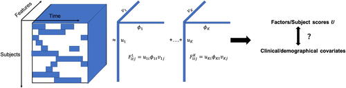 Fig. 1 Illustration of the PARAFAC/CP decomposition method for immunoprofiles measured longitudinally. The white color represents missing data in the time direction. The three-way tensor is approximated as the sum of K rank-one tensors F1,…,FK. Each rank-one tensor Fk (k=1,…,K) can be expressed using a factor along the subject direction (Uk), a factor along the feature direction (Vk), and a factor along the time direction (Φk). The factors associated with the tensor decomposition can be used in downstream analysis.