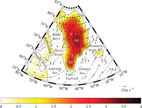 Fig. 1 The ERA-I topography (shading – km) and the winter mean (DJF) 500 mb geopotential height (contours – km) and the 500 mb horizontal wind (vectors – m/s). Locations in the coastal seas around Greenland are indicated as are the South Dome (SD), North Dome (ND), Saddle (S), and NGRIP (N) sites on the ice sheet.