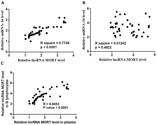 Figure 3 Expression of MORT and miRNA-16 was positively correlated only in MCL patients. Pearson’s correlation coefficient revealed a positive and significant correlation between plasma levels of MORT and miRNA-16 in MCL patients (A) but not in healthy controls (B). Plasma levels of MORT were significantly correlated with its expression levels in B lymphocytes (C).