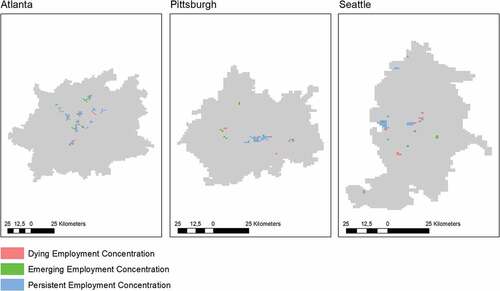 Figure 1. Employment concentrations in U.S. city regions 2002, 2015. Notes: Delineation of case study regions based on 60-minute travel time isochrones (Atlanta, Seattle) or 45 minutes (Pittsburgh), given a free-flow road network. Source: Own calculations.
