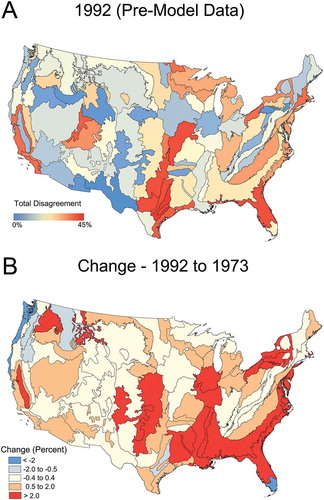 Figure 6. Total disagreement measures by ecoregion for 1992, and change from 1992 to 1973. Panel A depicts the total disagreement for 1992, representing initial disagreement between the modified 1992 NLCD and the Trends sample blocks. Panel B depicts the percent change in the total disagreement between the modeled and Trends 1973 data.