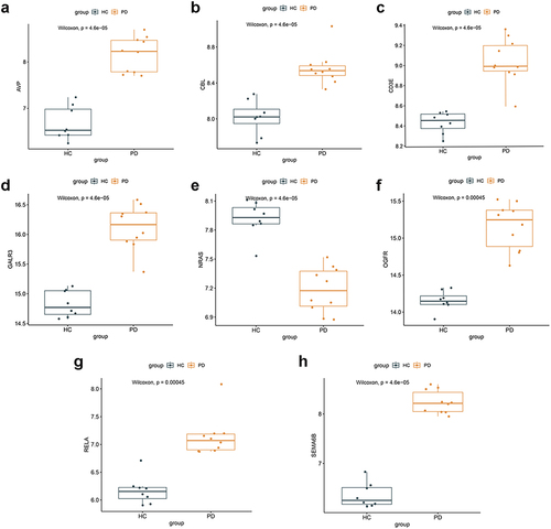 Figure 6 Boxplot of the expression levels of eight hub genes between Parkinson’s disease group and healthy control group in GSE22491. (a) AVP; (b) CBL; (c) CD3E; (d) GALR3; (e) NRAS; (f) OGFR; (g) RELA; (h) SEMA6B. p<0.05 was considered to be statistically different.