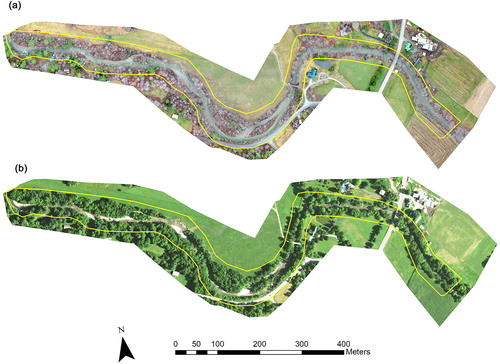 Figure 8. Section of the Shepard Brook as seen in (a) UAS orthomosaic imagery from April 2017 and (b) aerial imagery from July 2016. Area indicated by yellow boundary represents area of river corridor used in the analysis of DEMs. Source: Author