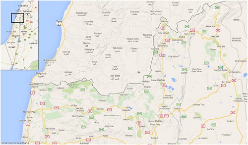 Figure 1. Map of the Israel/Lebanon/Syria Border Region Showing the Blue Line and the Northern Half of the Golan Heights. Source: Google Earth.